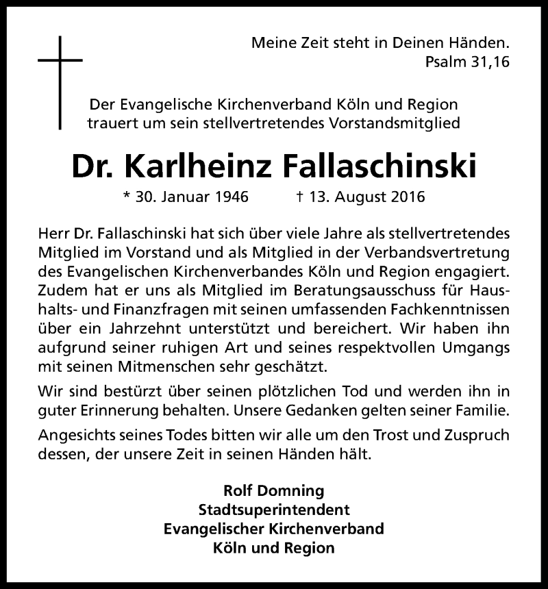 Traueranzeige für Karlheinz Fallaschinski vom 20.08.2016 aus Kölner Stadt-Anzeiger / Kölnische Rundschau / Express