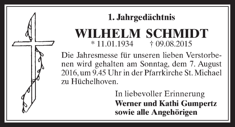  Traueranzeige für Wilhelm Schmidt vom 03.08.2016 aus  Werbepost 