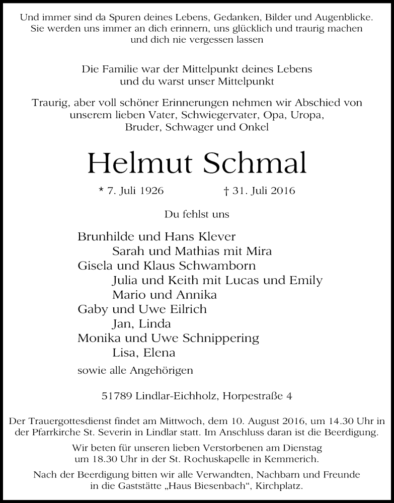  Traueranzeige für Helmut Schmal vom 06.08.2016 aus Kölner Stadt-Anzeiger / Kölnische Rundschau / Express