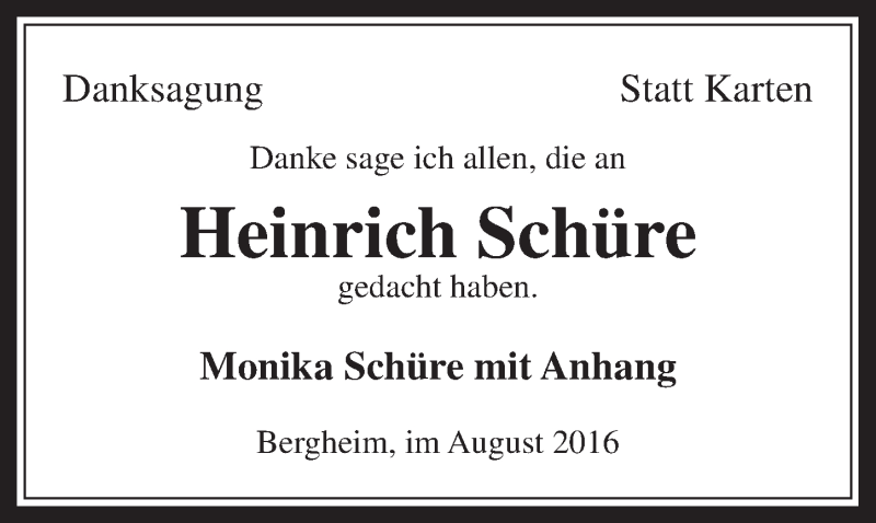 Traueranzeige für Heinrich Schüre vom 31.08.2016 aus  Werbepost 