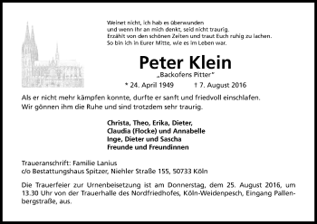 Anzeige von Peter Klein von Kölner Stadt-Anzeiger / Kölnische Rundschau / Express