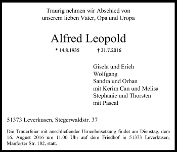 Anzeige von Alfred Leopold von Kölner Stadt-Anzeiger / Kölnische Rundschau / Express
