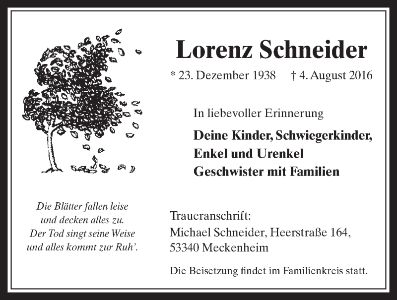 Traueranzeige für Lorenz Schneider vom 17.08.2016 aus  Schaufenster/Blickpunkt 