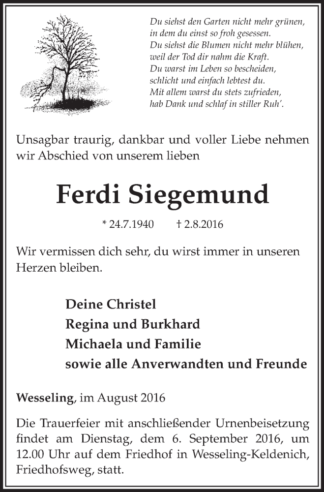  Traueranzeige für Ferdi Siegemund vom 31.08.2016 aus  Schlossbote/Werbekurier 