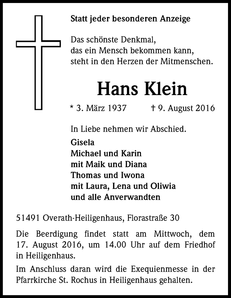  Traueranzeige für Hans Klein vom 12.08.2016 aus Kölner Stadt-Anzeiger / Kölnische Rundschau / Express