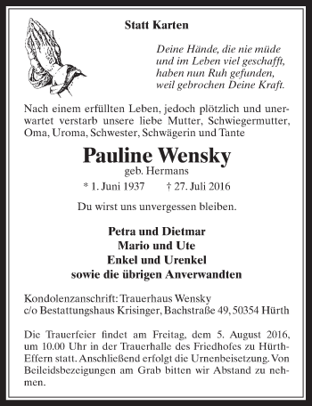 Anzeige von Pauline Wensky von  Wochenende 