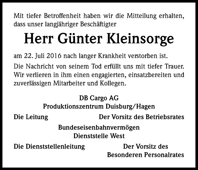  Traueranzeige für Günter Kleinsorge vom 02.08.2016 aus Kölner Stadt-Anzeiger / Kölnische Rundschau / Express