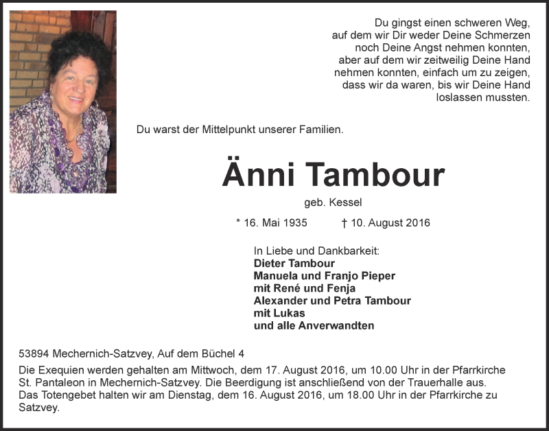  Traueranzeige für Änni Tambour vom 13.08.2016 aus  Blickpunkt Euskirchen 