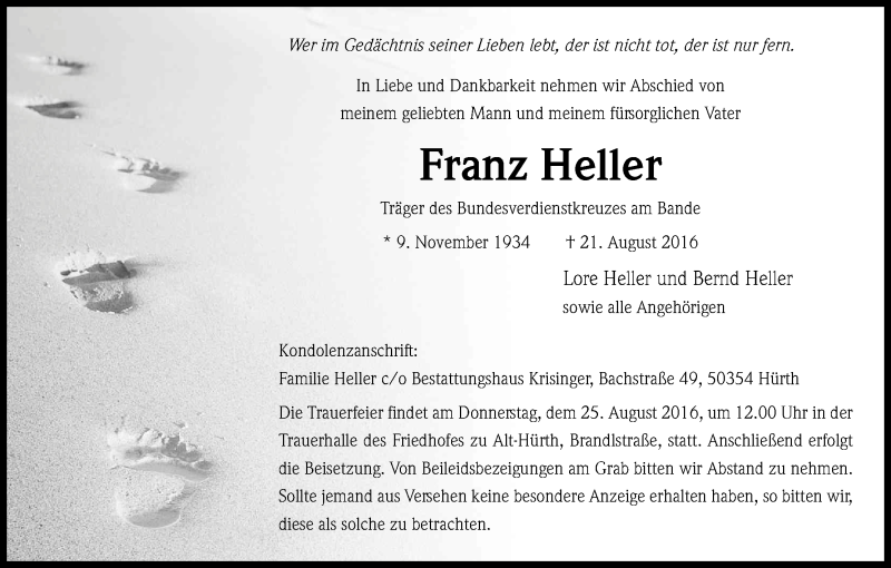  Traueranzeige für Franz Heller vom 24.08.2016 aus Kölner Stadt-Anzeiger / Kölnische Rundschau / Express