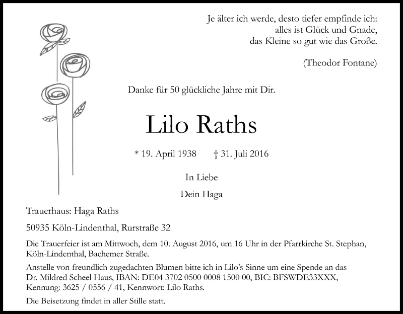  Traueranzeige für Lilo Raths vom 06.08.2016 aus Kölner Stadt-Anzeiger / Kölnische Rundschau / Express