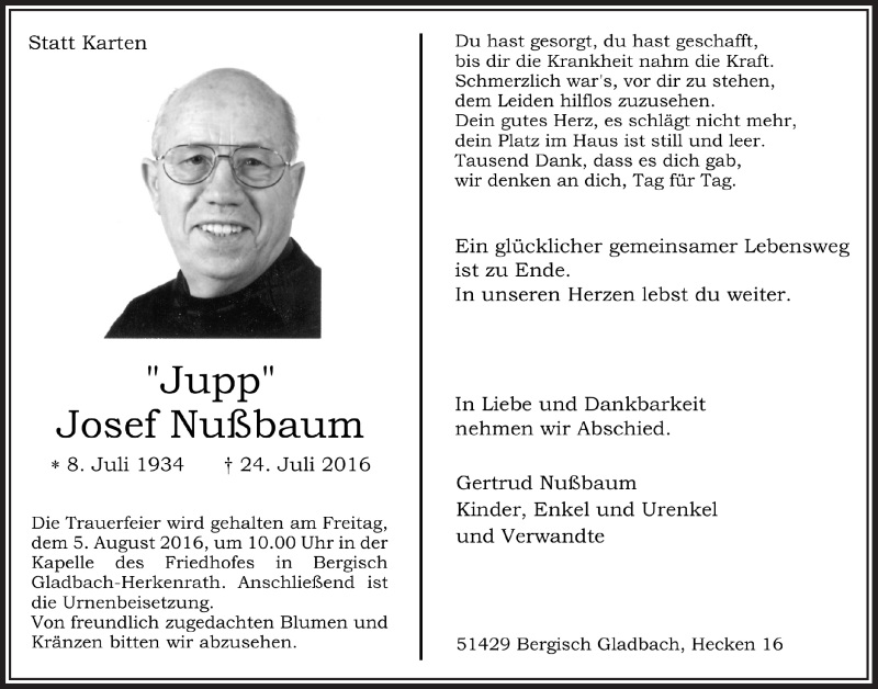  Traueranzeige für Josef Nußmann vom 03.08.2016 aus  Bergisches Handelsblatt 