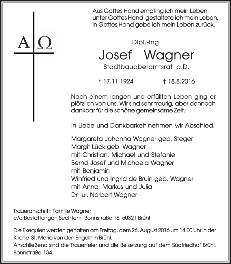  Traueranzeige für Josef Wagner vom 24.08.2016 aus  Schlossbote/Werbekurier 