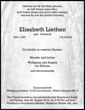 Anzeige von Elisabeth Liethen von Kölner Stadt-Anzeiger / Kölnische Rundschau / Express