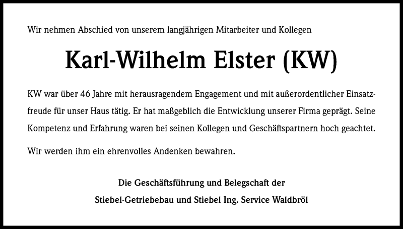 Traueranzeige für Karl-Wilhelm Elster vom 06.08.2016 aus Kölner Stadt-Anzeiger / Kölnische Rundschau / Express