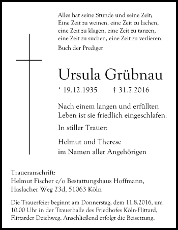 Anzeige von Ursula Grübnau von Kölner Stadt-Anzeiger / Kölnische Rundschau / Express