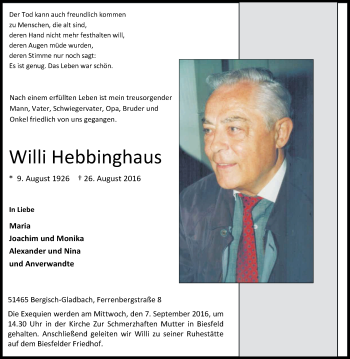 Anzeige von Willi Hebbinghaus von Kölner Stadt-Anzeiger / Kölnische Rundschau / Express