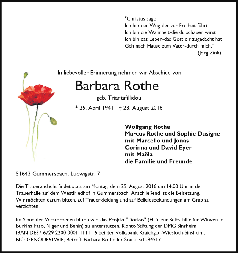  Traueranzeige für Barbara Rothe vom 26.08.2016 aus Kölner Stadt-Anzeiger / Kölnische Rundschau / Express