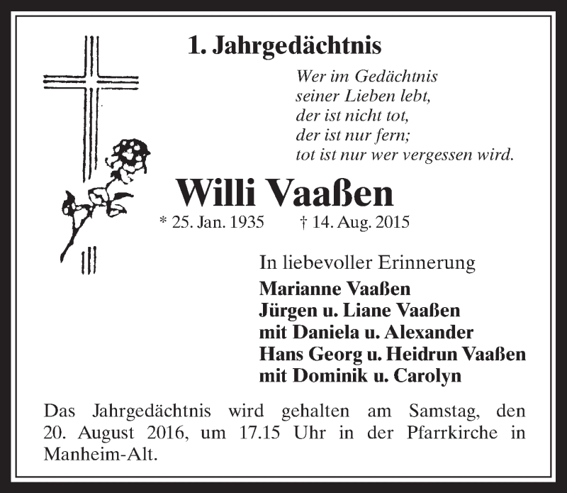  Traueranzeige für Willi Vaaßen vom 13.08.2016 aus  Sonntags-Post 
