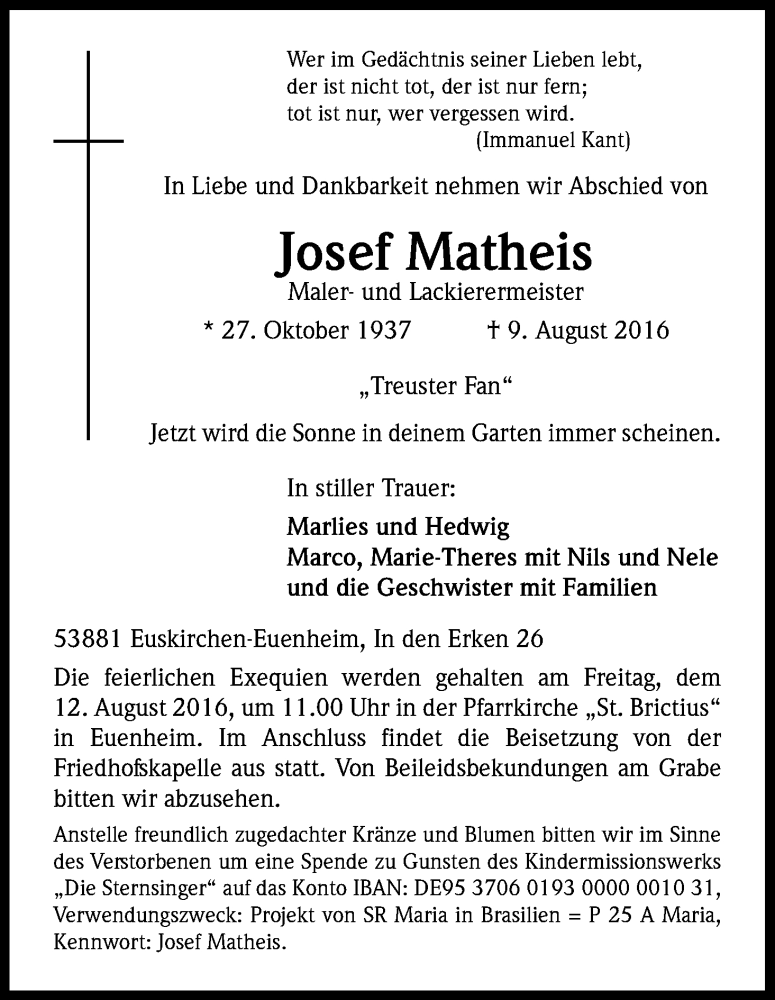  Traueranzeige für Josef Matheis vom 11.08.2016 aus Kölner Stadt-Anzeiger / Kölnische Rundschau / Express