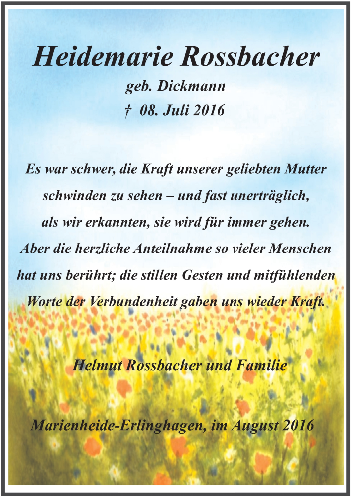  Traueranzeige für Heidemarie Rossbacher vom 10.08.2016 aus  Anzeigen Echo 