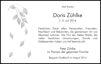 Anzeige von Doris Zühlke von Kölner Stadt-Anzeiger / Kölnische Rundschau / Express