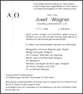 Anzeige von Josef Wagner von Kölner Stadt-Anzeiger / Kölnische Rundschau / Express