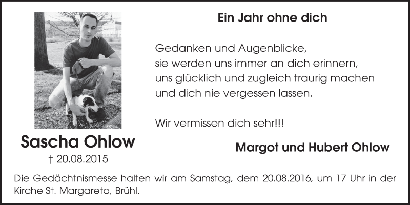  Traueranzeige für Sascha Ohlow vom 17.08.2016 aus  Schlossbote/Werbekurier 