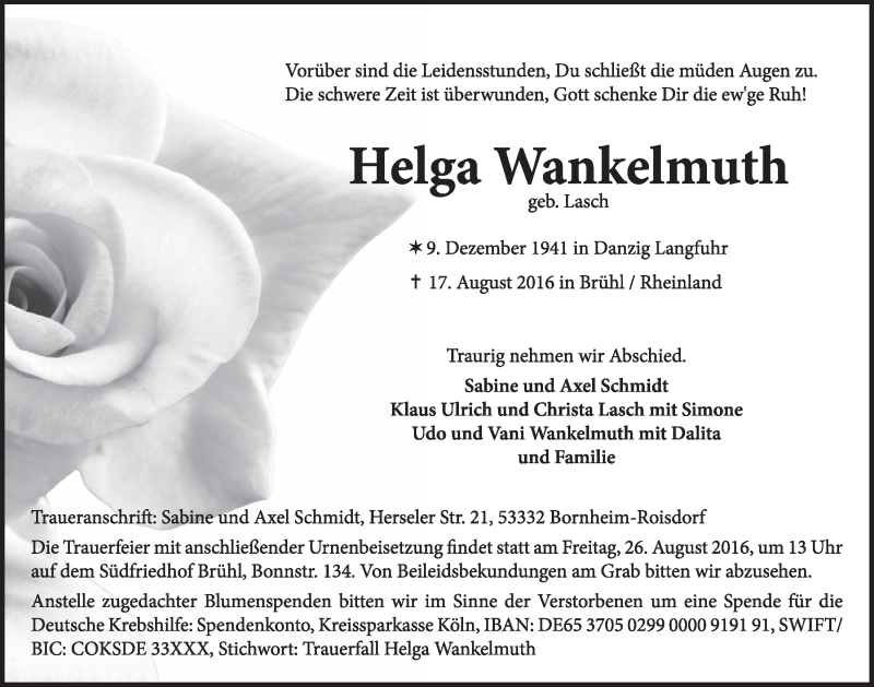  Traueranzeige für Helga Wankelmuth vom 24.08.2016 aus  Schlossbote/Werbekurier 