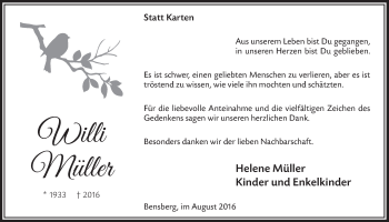 Anzeige von Willi Müller von  Bergisches Sonntagsblatt 