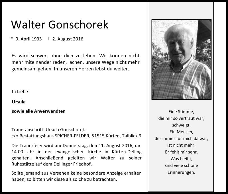  Traueranzeige für Walter Gonschorek vom 06.08.2016 aus Kölner Stadt-Anzeiger / Kölnische Rundschau / Express