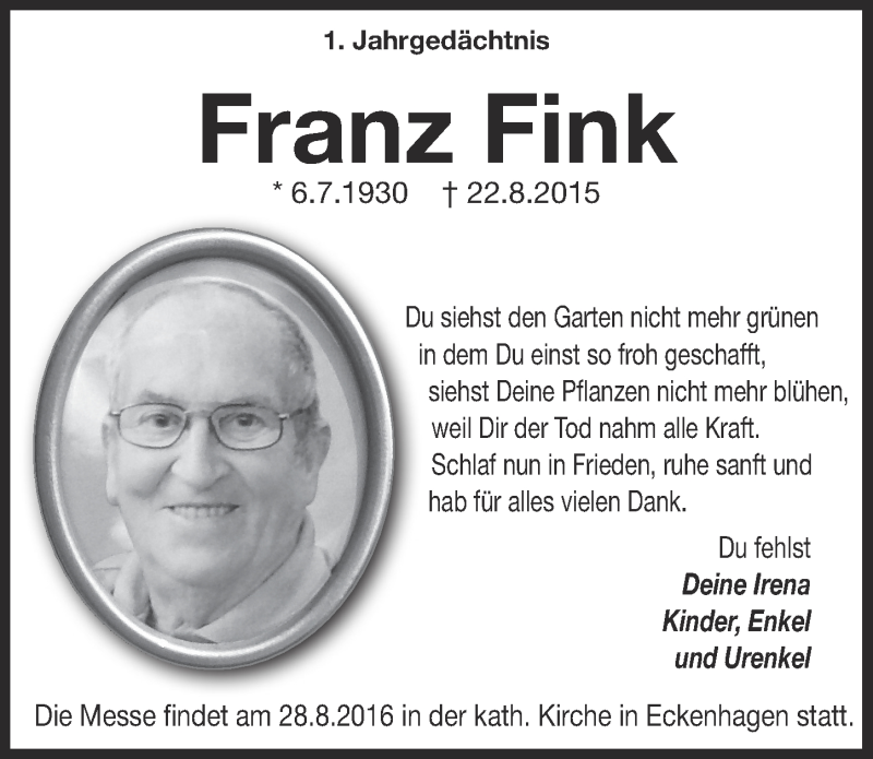  Traueranzeige für Franz Fink vom 24.08.2016 aus  Anzeigen Echo 