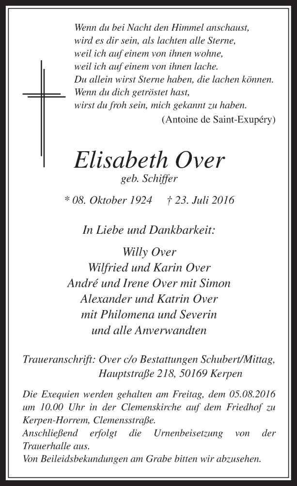  Traueranzeige für Elisabeth Over vom 03.08.2016 aus  Werbepost 