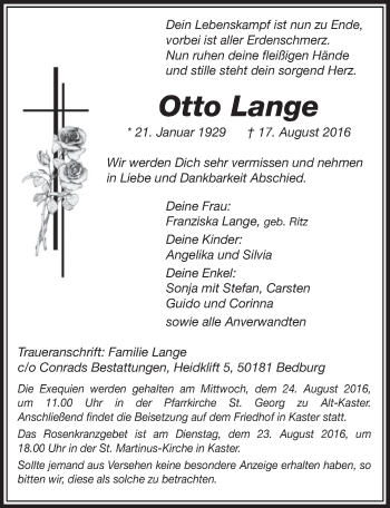 Anzeige von Otto Lange von  Sonntags-Post 
