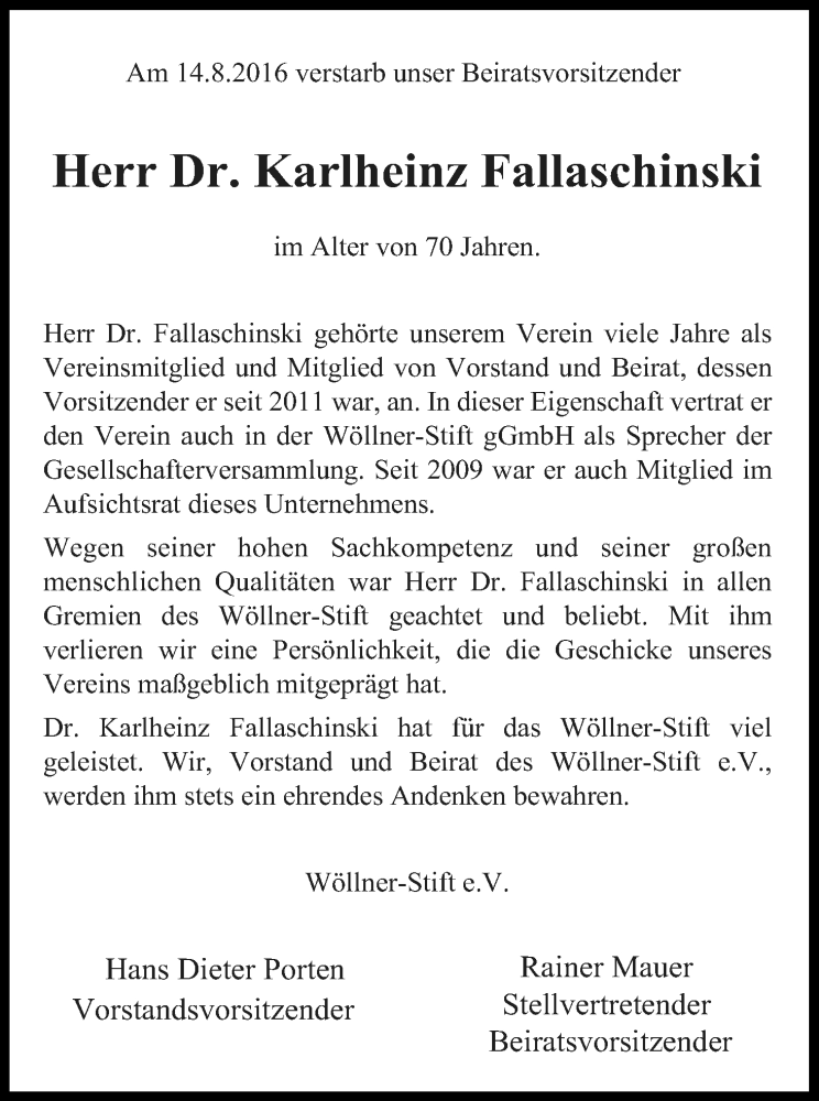  Traueranzeige für Karlheinz Fallaschinski vom 20.08.2016 aus Kölner Stadt-Anzeiger / Kölnische Rundschau / Express