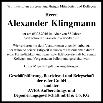 Anzeige von Alexander Klingmann von Kölner Stadt-Anzeiger / Kölnische Rundschau / Express