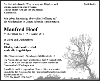 Anzeige von Manfred Hoof von Kölner Stadt-Anzeiger / Kölnische Rundschau / Express