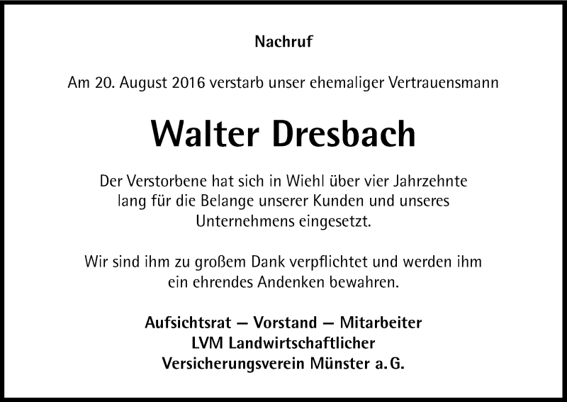  Traueranzeige für Walter Dresbach vom 31.08.2016 aus Kölner Stadt-Anzeiger / Kölnische Rundschau / Express