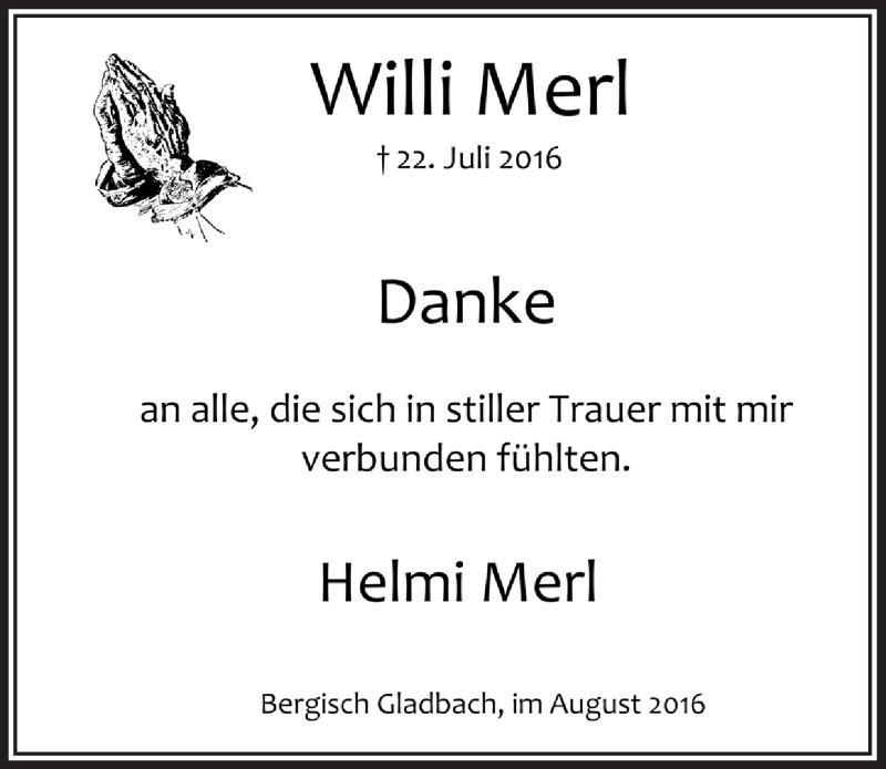  Traueranzeige für Willi Merl vom 17.08.2016 aus  Bergisches Handelsblatt 