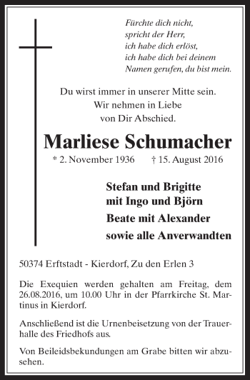 Anzeige von Marliese Schumacher von  Werbepost 