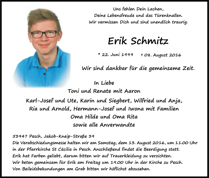  Traueranzeige für Erik Schmitz vom 11.08.2016 aus Kölner Stadt-Anzeiger / Kölnische Rundschau / Express