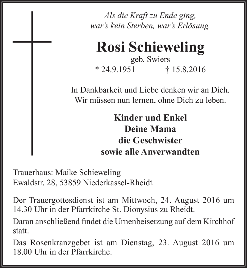  Traueranzeige für Rosi Schieweling vom 20.08.2016 aus  Rhein-Sieg-Wochenende 