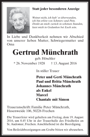 Anzeige von Gertrud Münchrath von  Wochenende 