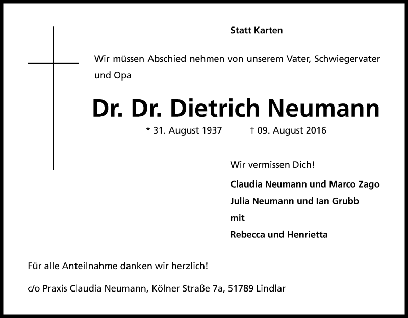  Traueranzeige für Dietrich Neumann vom 13.08.2016 aus Kölner Stadt-Anzeiger / Kölnische Rundschau / Express