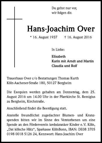 Anzeige von Hans-Joachim Over von Kölner Stadt-Anzeiger / Kölnische Rundschau / Express
