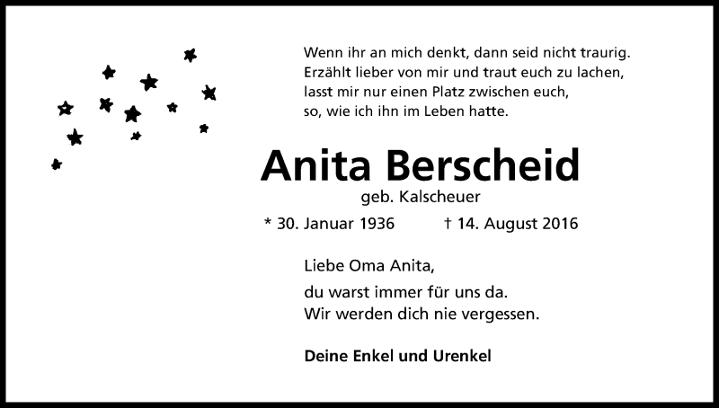 Traueranzeige für Anita Berscheid vom 17.08.2016 aus Kölner Stadt-Anzeiger / Kölnische Rundschau / Express