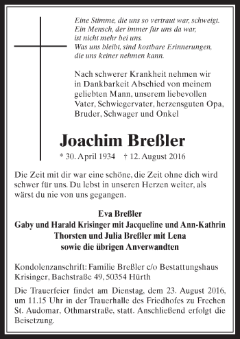 Anzeige von Joachim Breßler von  Wochenende 