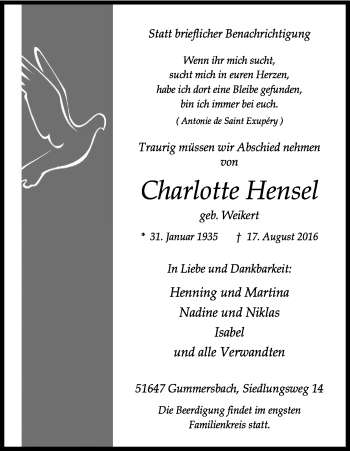 Anzeige von Charlotte Hensel von Kölner Stadt-Anzeiger / Kölnische Rundschau / Express
