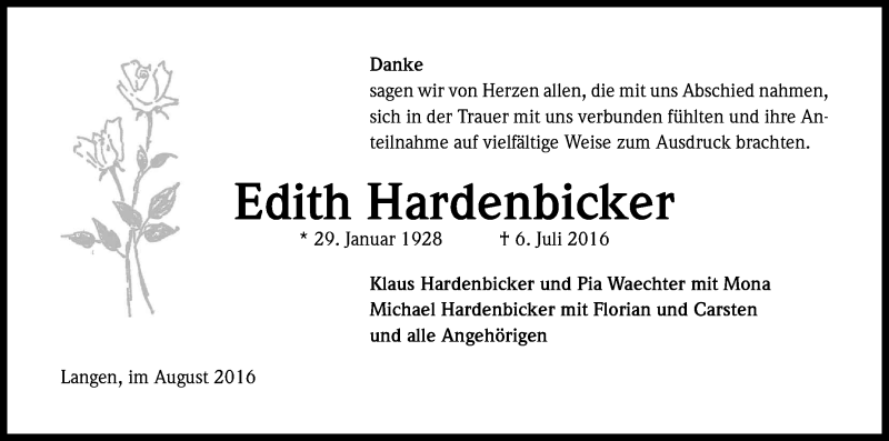  Traueranzeige für Edith Hardenbicker vom 06.08.2016 aus Kölner Stadt-Anzeiger / Kölnische Rundschau / Express
