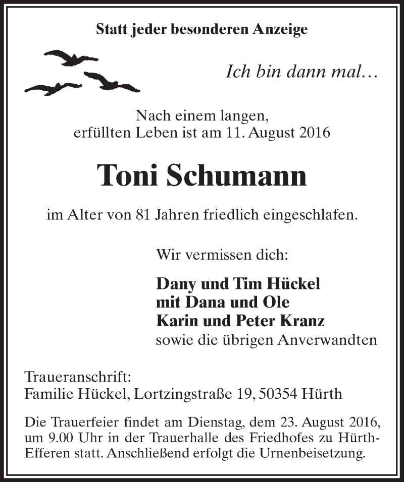  Traueranzeige für Toni Schumann vom 20.08.2016 aus  Sonntags-Post 