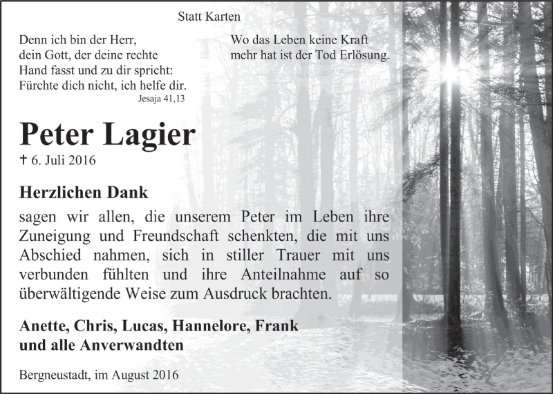 Traueranzeige für Peter Lagier vom 10.08.2016 aus  Anzeigen Echo 